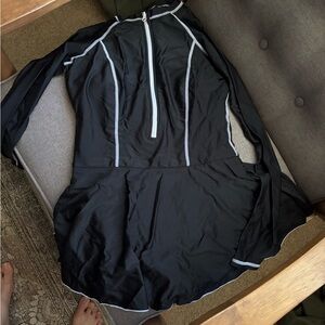 Women’s Black Long-Sleeve Swim Coverup with White Piping